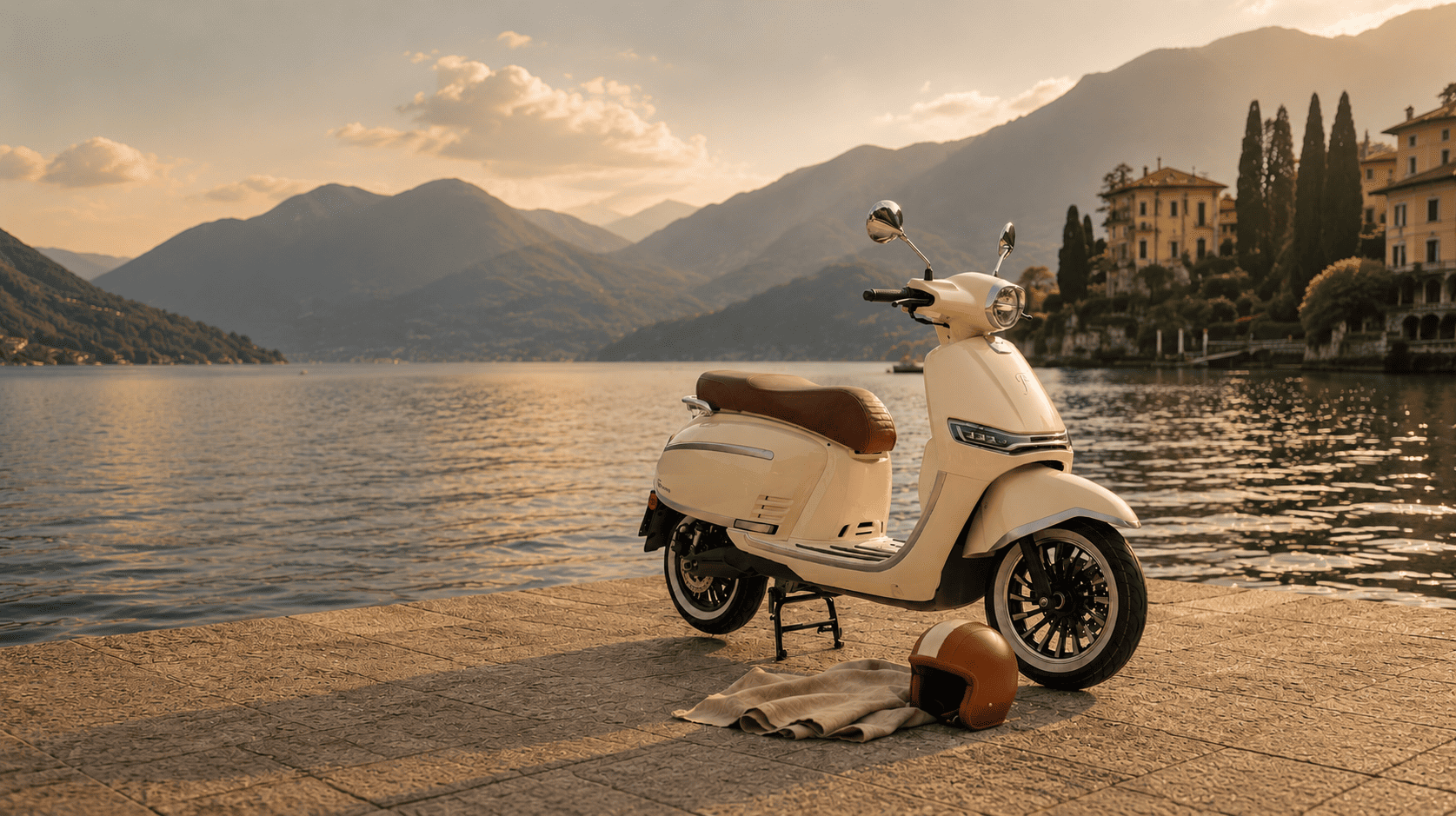 Electric scooter parked on Lake Como promenade at golden hour